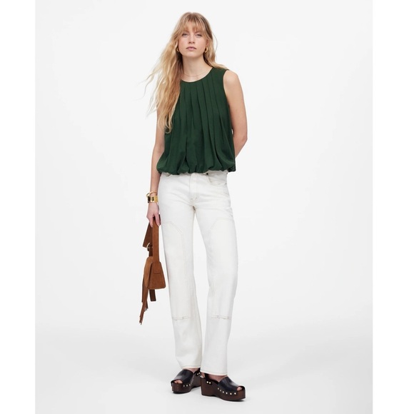 MADEWELL Sleeveless Crewneck Bubble Tank Top Sz XXS (Fits XS) Green Pleated New - Picture 3 of 13